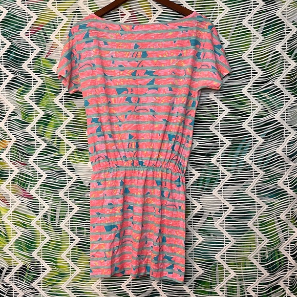 Lilly Pulitzer XS Carmine Pink Tropical Stripe Batwing Cinched Waist Mini Dress - Picture 3 of 9